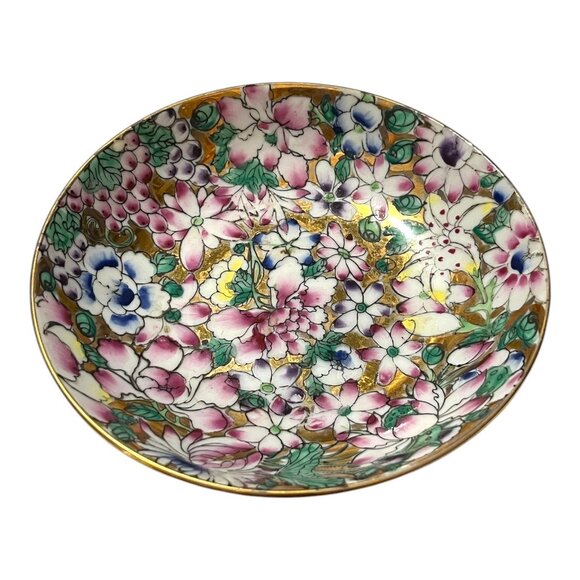 VTG ACF Hong Kong Famille Rose Style Floral Bowl Hand Painted Porcelain Gold Ena - Picture 2 of 3